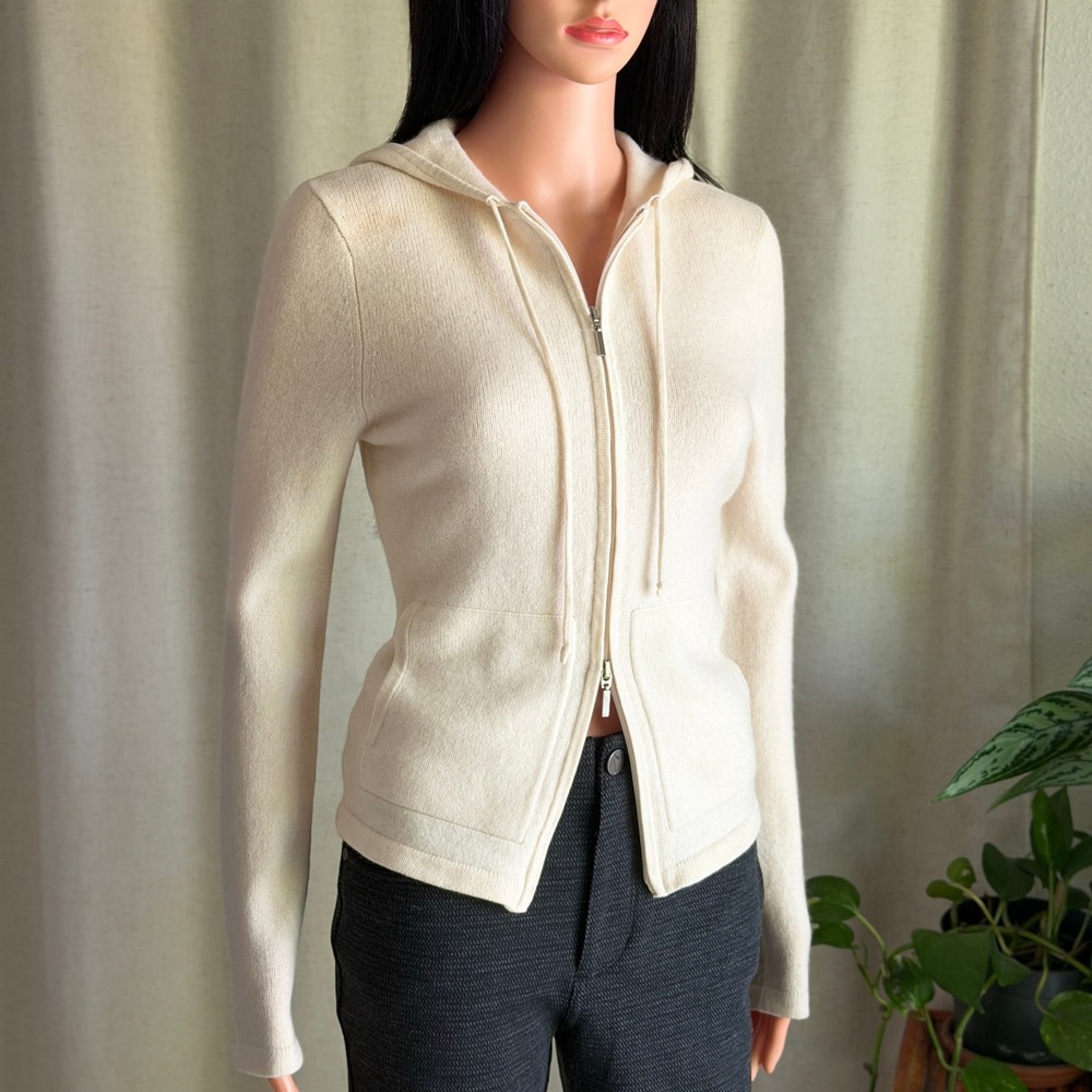 Max Studio Womens Ivory 100% 2-Ply Cashmere Full Zip Hooded Sweater Size M